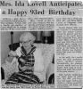 Unknown, Ida: Newspaper article concerning Ida Unknown Lovell (b. abt. 1873)
